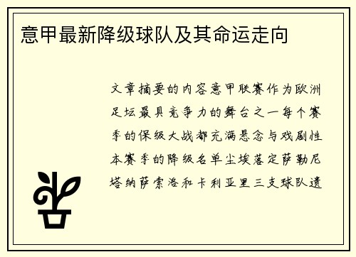 意甲最新降级球队及其命运走向