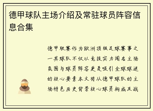 德甲球队主场介绍及常驻球员阵容信息合集