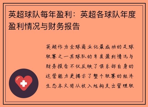 英超球队每年盈利：英超各球队年度盈利情况与财务报告